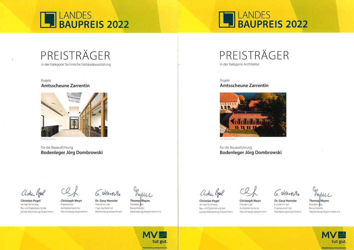 Urkunde Landesbaupreis MV 2022